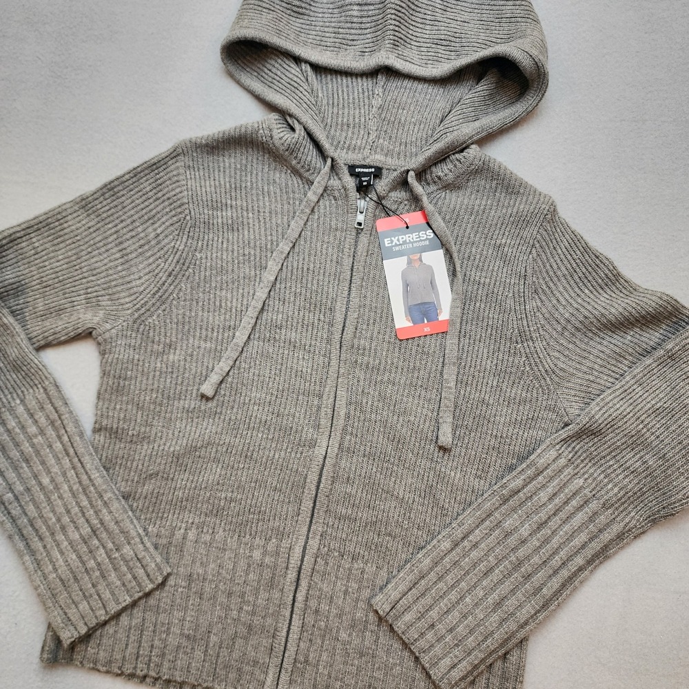 Express Women's XS Gray Ribbed Knit Full Zip Sweater Hoodie Hooded Cardigan NWT